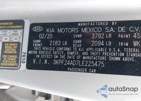 2020 Kia Forte Lxs z USA, uszkodzony, nr VIN 3KPF24AD7LE225475